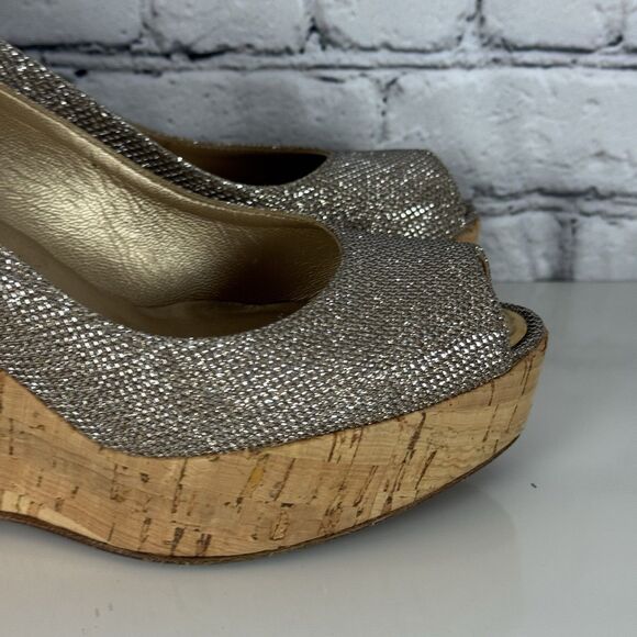 Stuart Weitzman Anna Wedge Women 6 Silver Glitter Cork Platform Peep Toe Pumps - Picture 3 of 15
